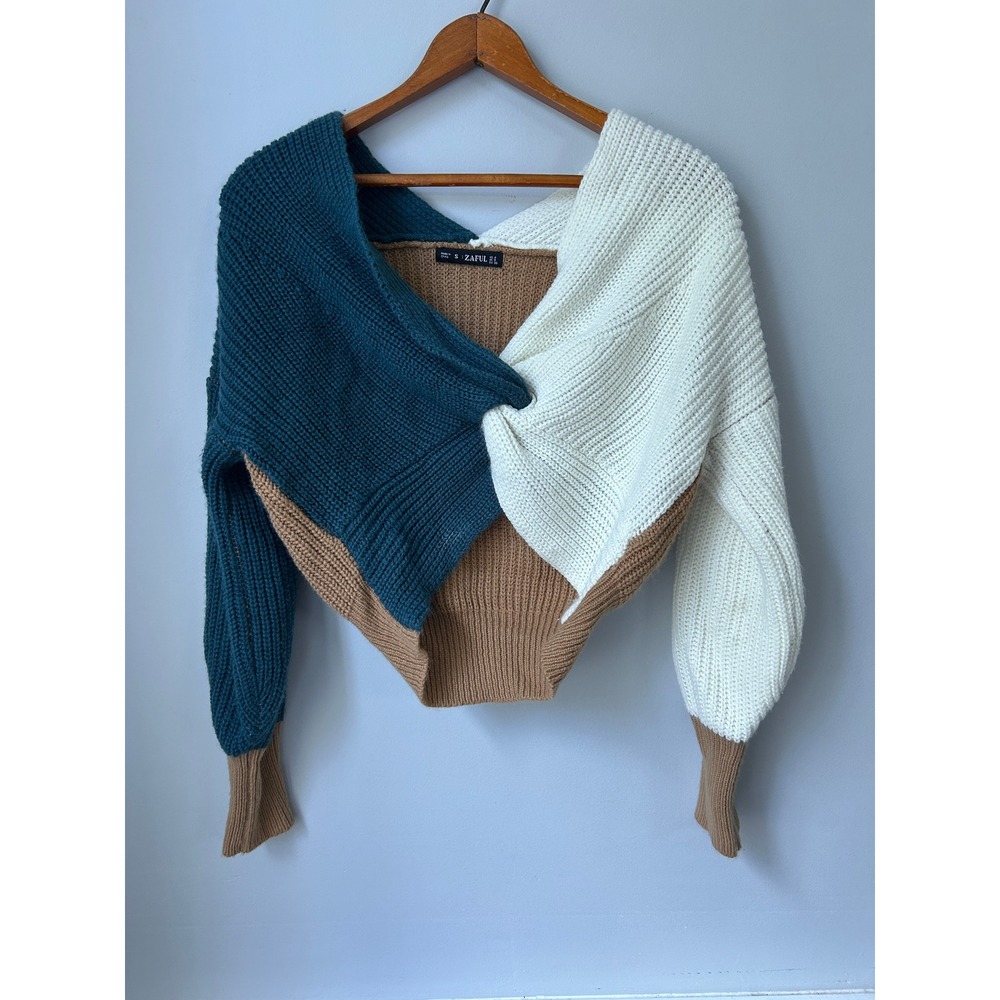 Zaful Colorblock Twist Front Sweater Teal Cream Tan V-Neck Ribbed Knit Small